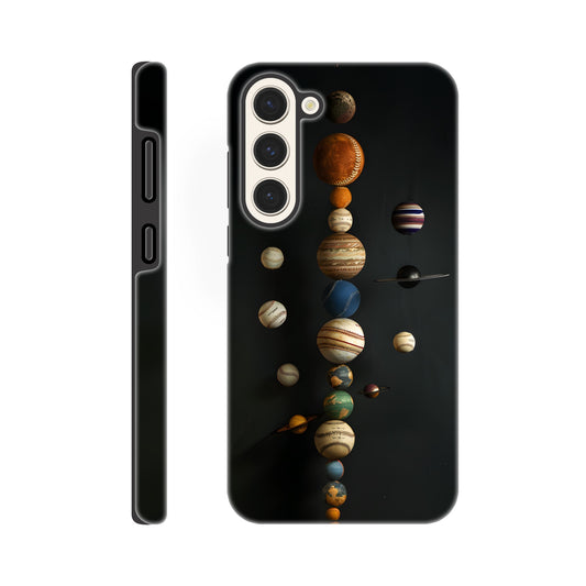 A Samsung Galaxy S23 Plus phone case with a design depicting our solar system with baseballs in place of planets