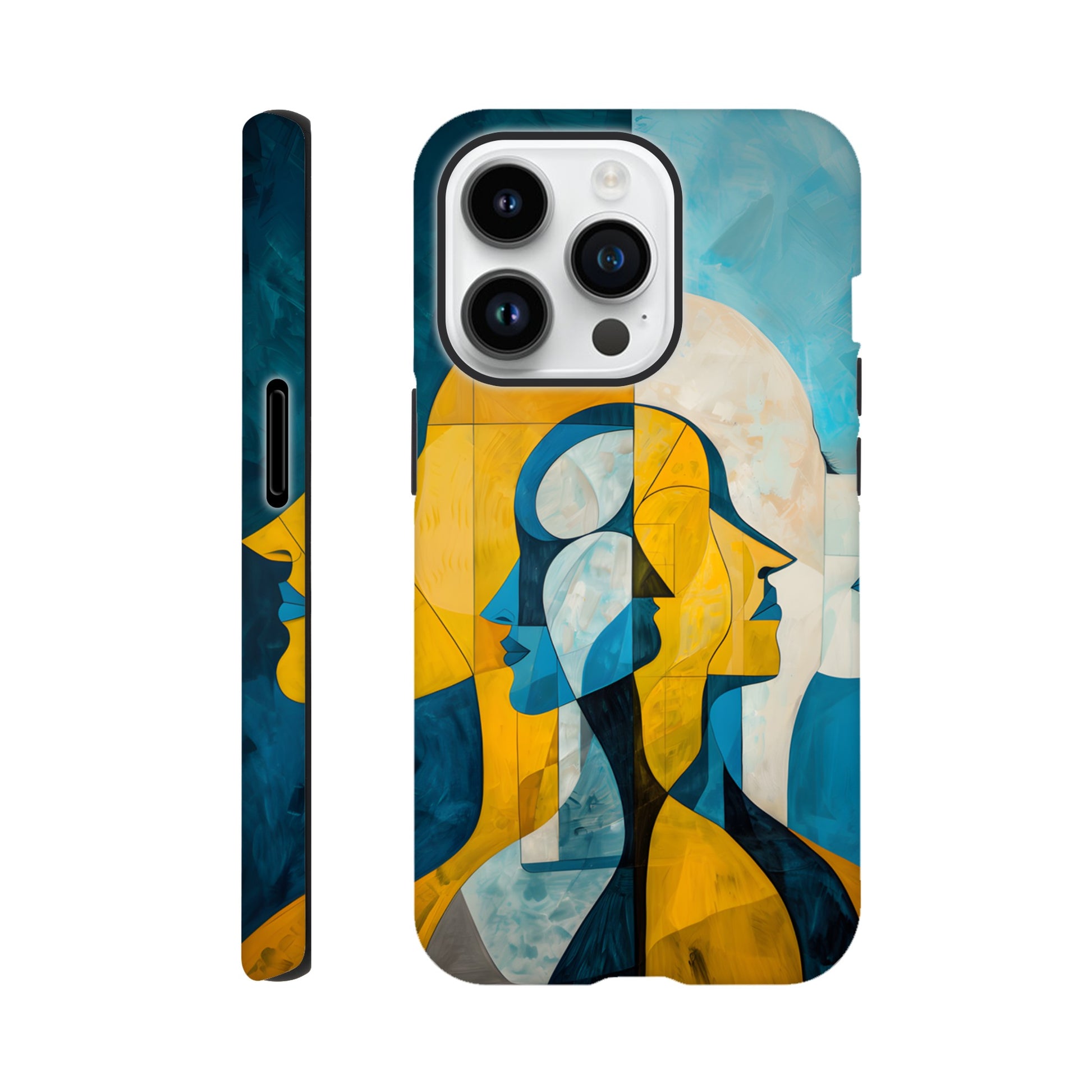 An Apple iPhone 14 Pro Phone Case with the following design on it - the Gemini Astrological sign depicting twins facing away from one another, the twins are of no specific sexual or ethnic orientation, yellow, baby blue, white, cubism