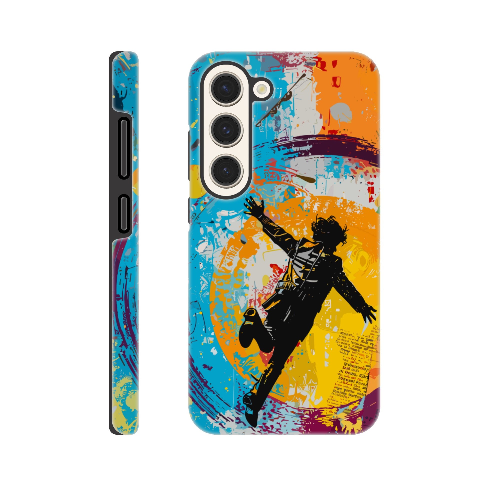 A Samsung Galaxy S23 Phone Case with the following design on it -A graffiti style painting of the back of a human male in a suit falling in mid-air, with bold colors. The background is filled with vibrant splashes of color and newspaper texture in the style of American pop art