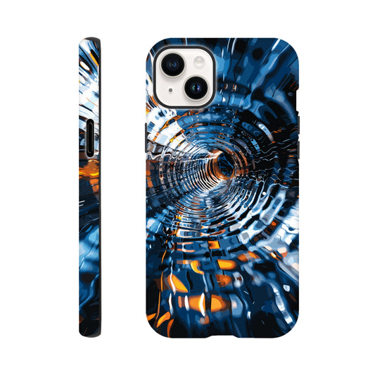 An Apple iPhone 14 Plus Phone Case with the following design on it: abstract futuristic tunnel made of chrome and glass, motion blur, dark blue background, orange highlights. The tunnel was created in the style of an abstract futuristic design using chrome and glass with a motion blur effect against a dark blue background highlighted with orange