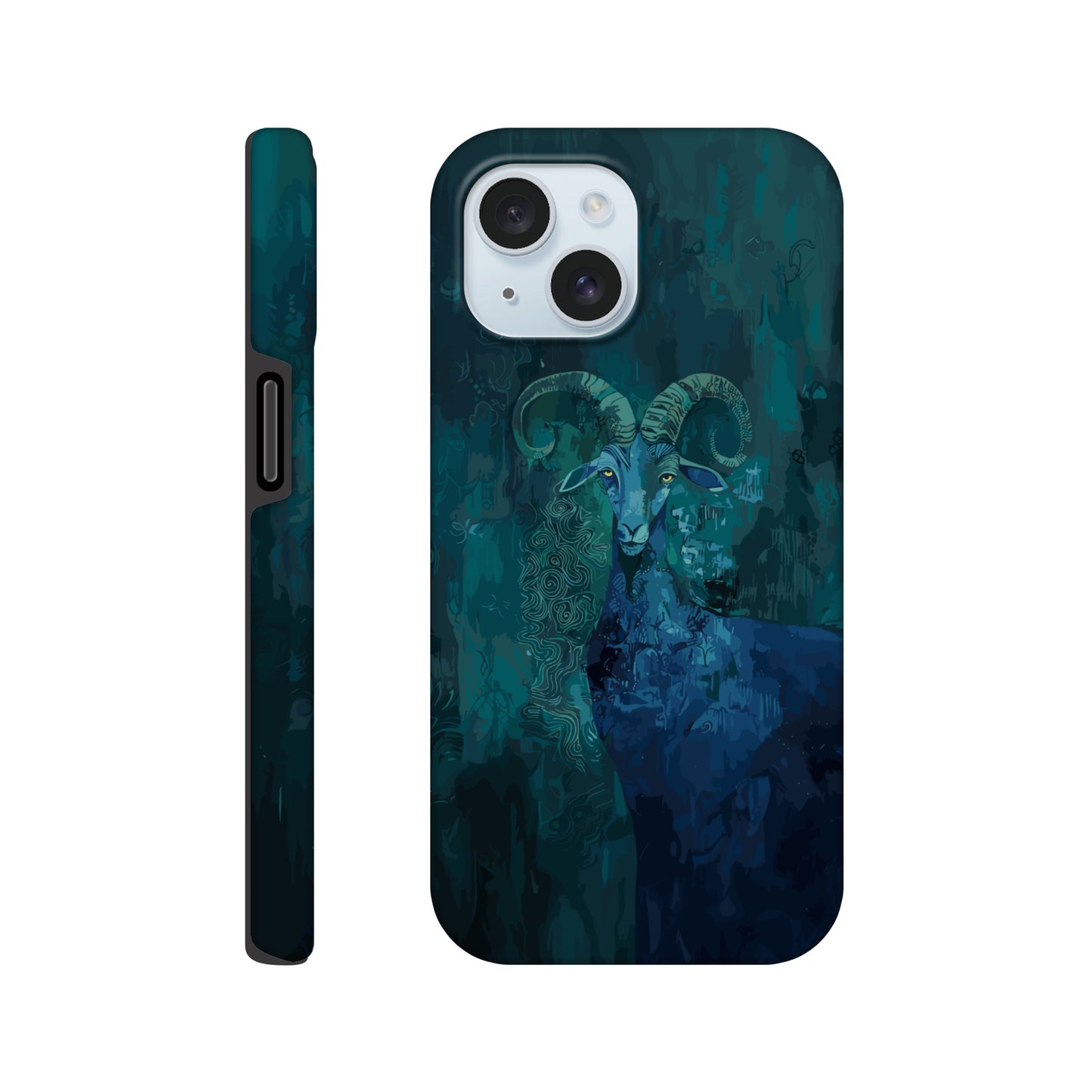 An Apple iPhone 15 Phone Case with the following design on it - a Sea Goat, the symbol of the zodiac sign for Capricorn, fabric painting, dark green, indigo