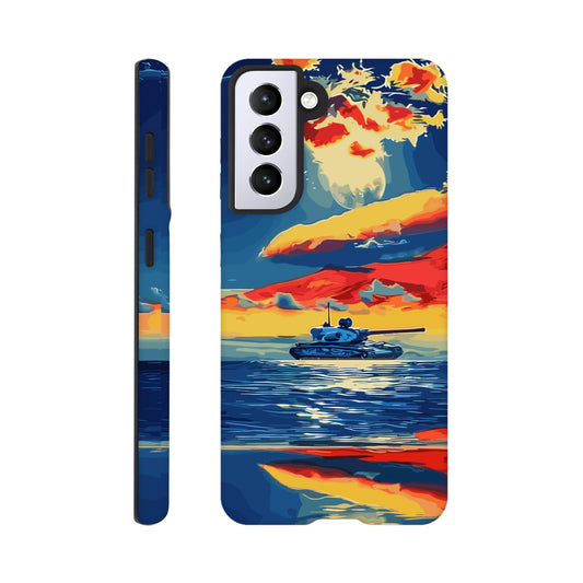 A Samsung Galaxy S21 Phone Case with the following design on it : A tank is sailing on the sea, with colorful clouds in the sky and a sunset reflection on the water surface, the style of an oil painting. The main colors of red, blue, yellow and orange are presented in a flat illustration