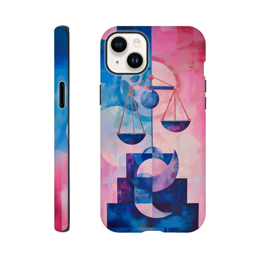 An Apple iPhone 14 Plus Phone Case with the following design on it : The Zodiac symbol for Libra, scales of justice theme, planet Venus in the background, Bauhaus style, royal blue, light pink