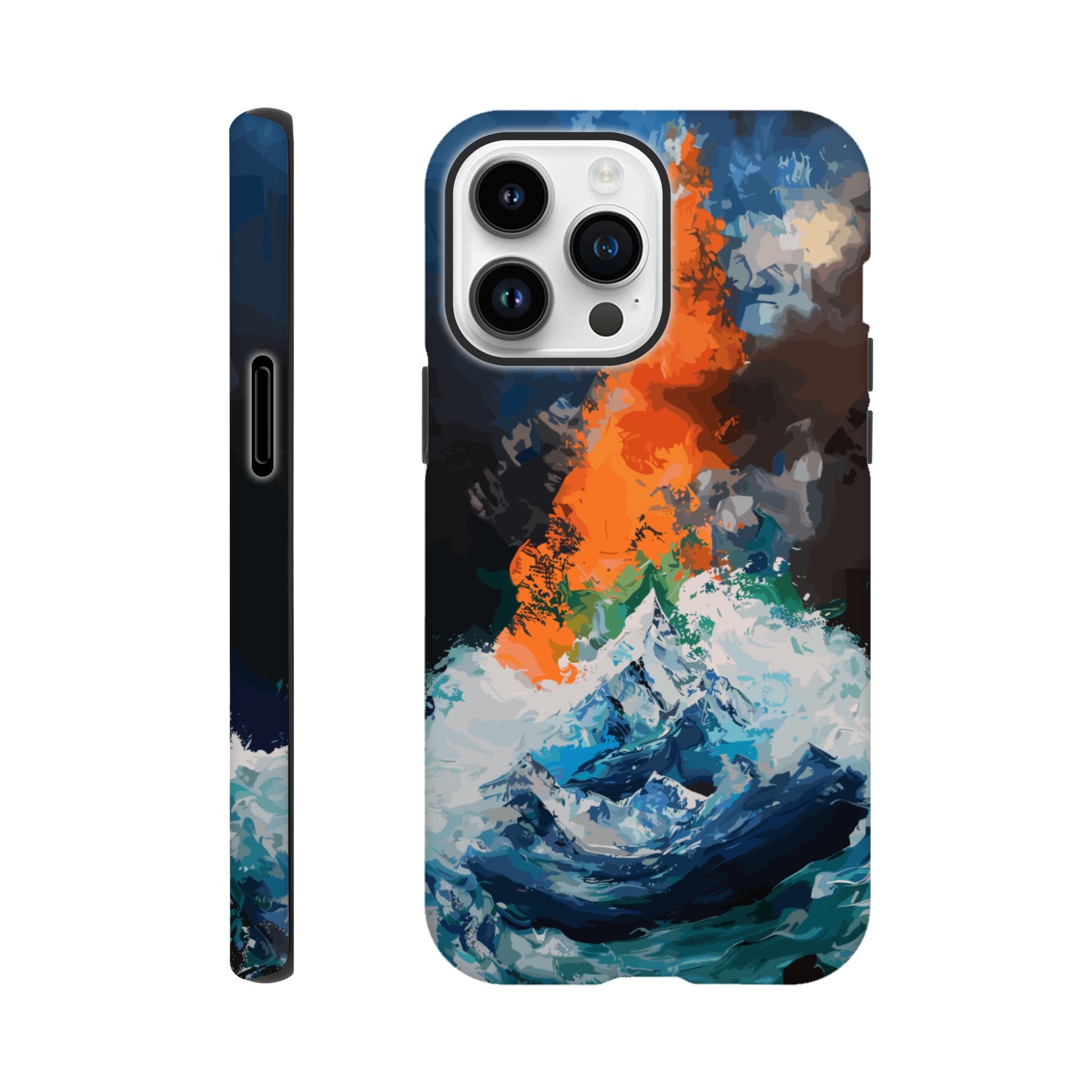 An Apple iPhone 14 Pro Max Phone Case with the following design on it - the Mariana Trench engulfing Mount Everest, cartoonish surrealism, blue, white, green, orange, black