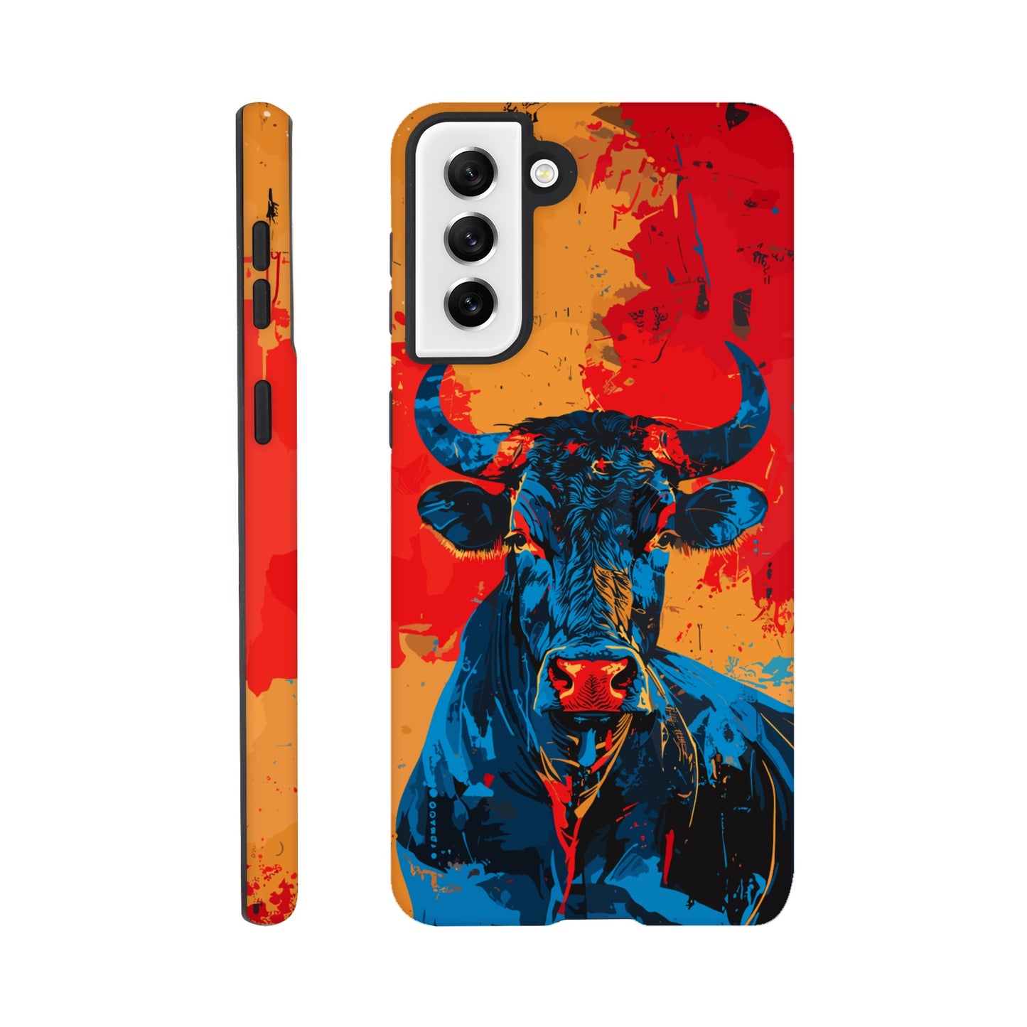 A Samsung Galaxy S21 Plus Phone Case with the following design on it: Abstract blue bull on a red background in the style of urban graffiti, the Bull is the symbol for the astrological sign of Taurus, flat painting with brush strokes, strong color contrast in the style of urban street art, cool and confident expression of the blue ox with an eye-catching label and strong visual impact