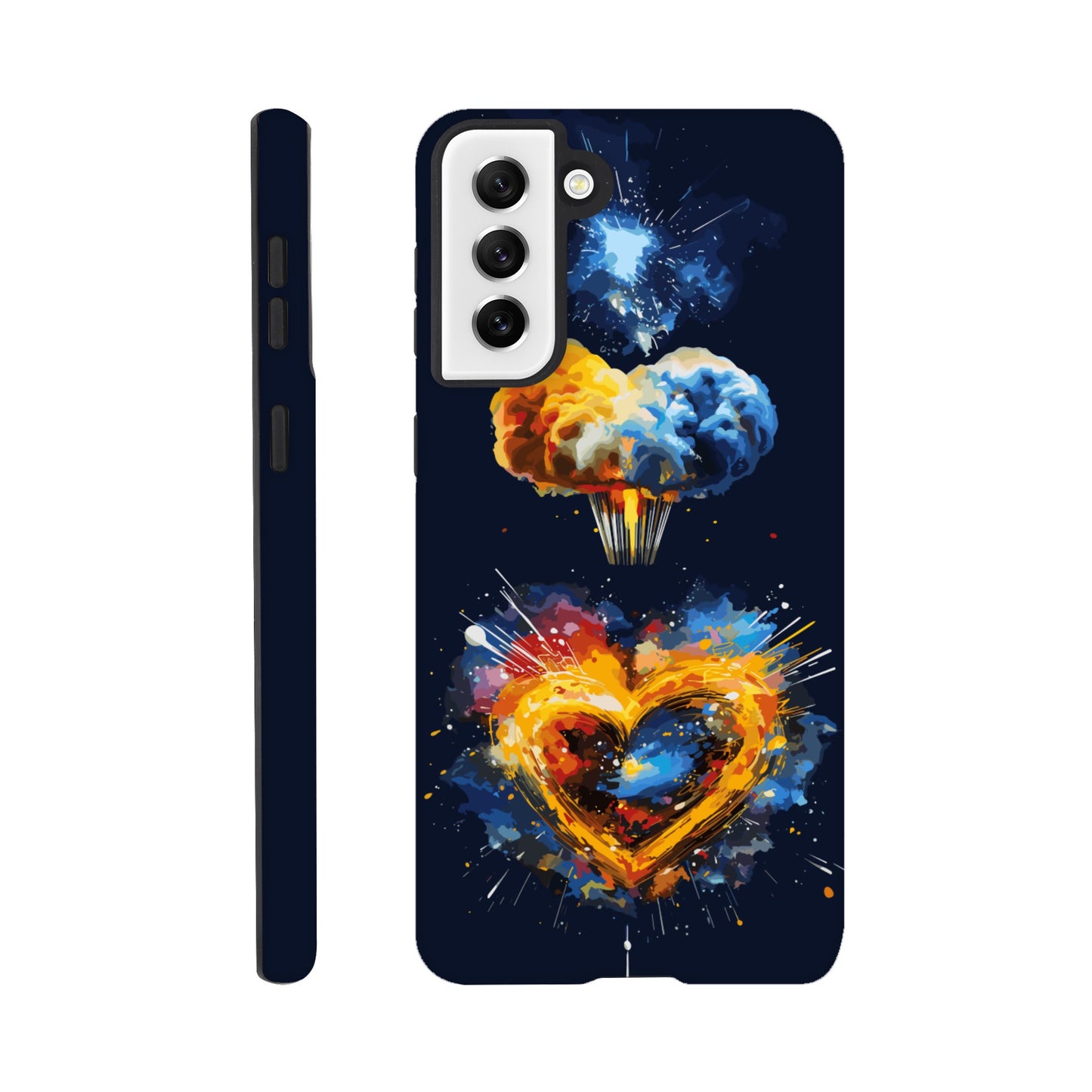 A Samsung Galaxy S21 Plus Phone Case with the following design on it - heart shaped milky way galaxy with a nuclear mushroom cloud emanating from the heart, pop art, royal blue, yellow, white, silver, black, orange