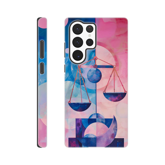 A Samsung Galaxy S22 Ultra  Phone Case with the following design on it : The Zodiac symbol for Libra, scales of justice theme, planet Venus in the background, Bauhaus style, royal blue, light pink