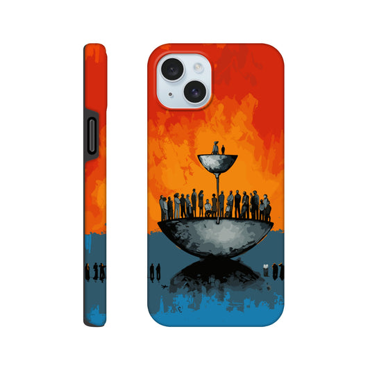 An Apple iPhone 15 Plus Phone Case with the following design on it - A large person is sitting in a bowl of a weighing scale. There is a larger bowl beneath this with lots of people in it. Income Inequality is theme, pop art, blue, orange, black, and red