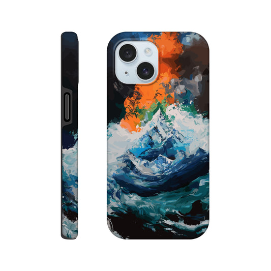 An Apple iPhone 15 Phone Case with the following design on it - the Mariana Trench engulfing Mount Everest, cartoonish surrealism, blue, white, green, orange, black