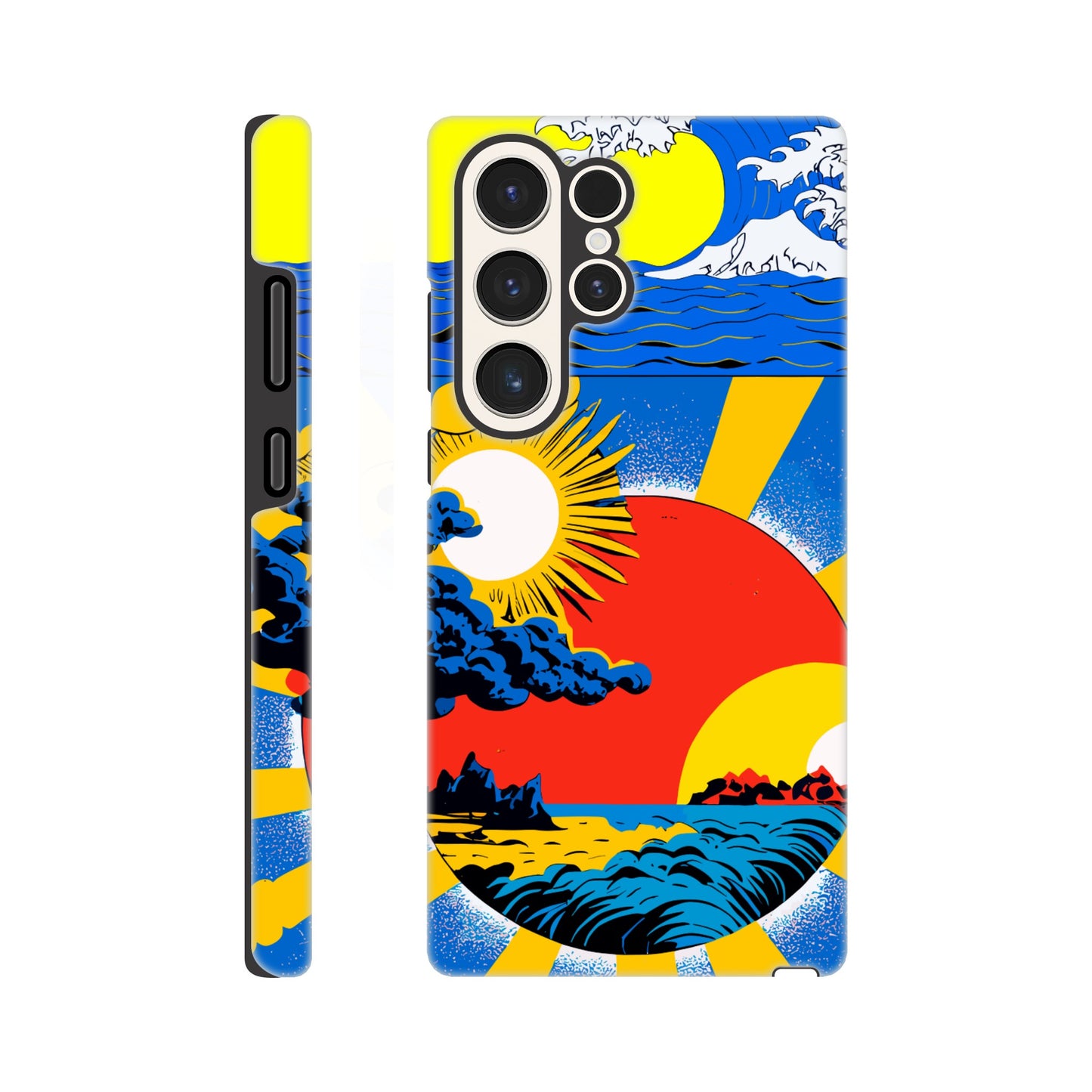 A Samsung Galaxy S23 Ultra Phone Case with the following design on it: sun and clouds, blue sky with yellow rays of light, sun setting in the background, in the style of a Japanese illustration, blue sea wave on top left corner, red circle below centered, blue storm clouds inside red dot, colorful poster print style