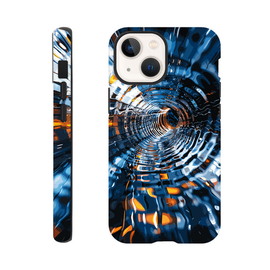 An Apple iPhone 13 Mini Phone Case with the following design on it: abstract futuristic tunnel made of chrome and glass, motion blur, dark blue background, orange highlights. The tunnel was created in the style of an abstract futuristic design using chrome and glass with a motion blur effect against a dark blue background highlighted with orange