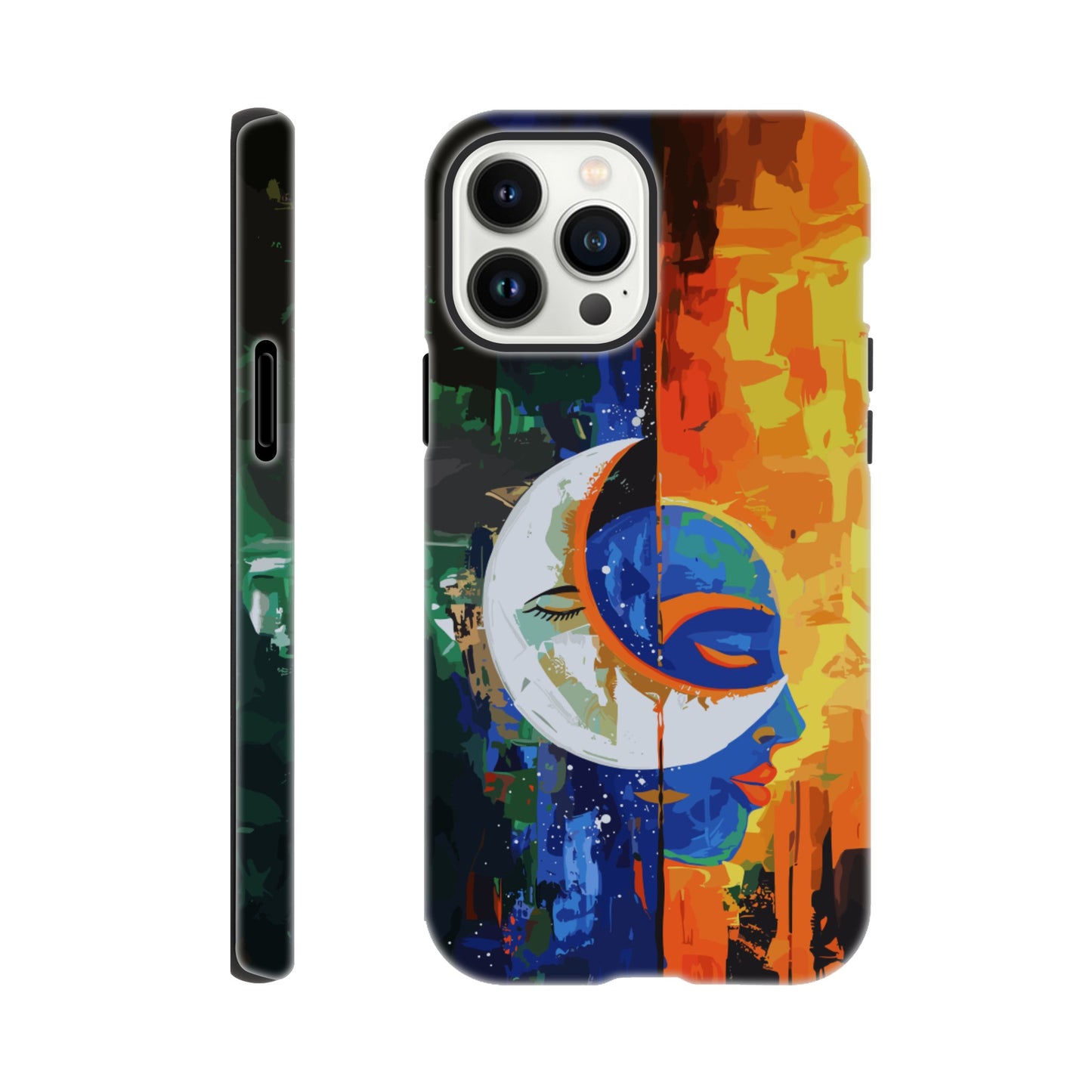 An Apple iPhone 13 Pro Max Phone Case with the following design on it - Abstract painting of a crescent moon and sun in the sky, half is orange blue green color with black silhouette of either a female or male face, other side has bright vibrant colors, abstract, modern art style20ad