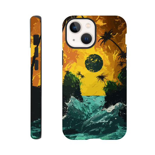 An Apple iPhone 13 Mini Phone Case with the following design on it - Two green islands separated by a violent royal green sea: yellow orangish sky: black sun, alien looking palm trees, surrealism