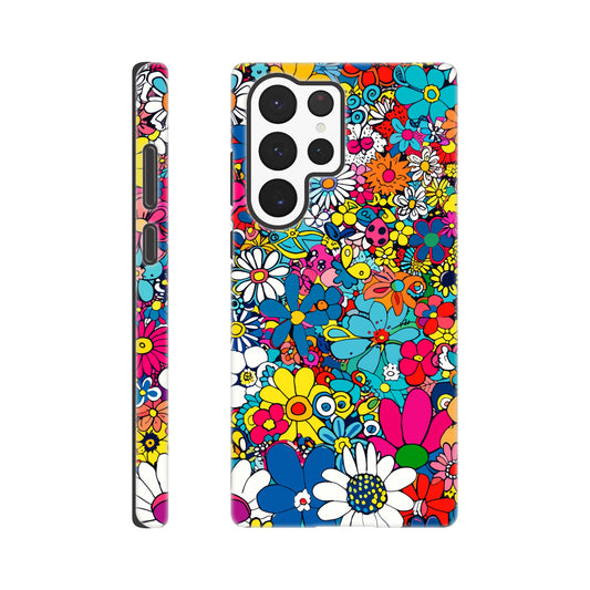 A Samsung Galaxy S22 Ultra Phone Case with the following design on it : Lots of retro looking flowers of multiple colors with no discernible arrangement against a white background. 