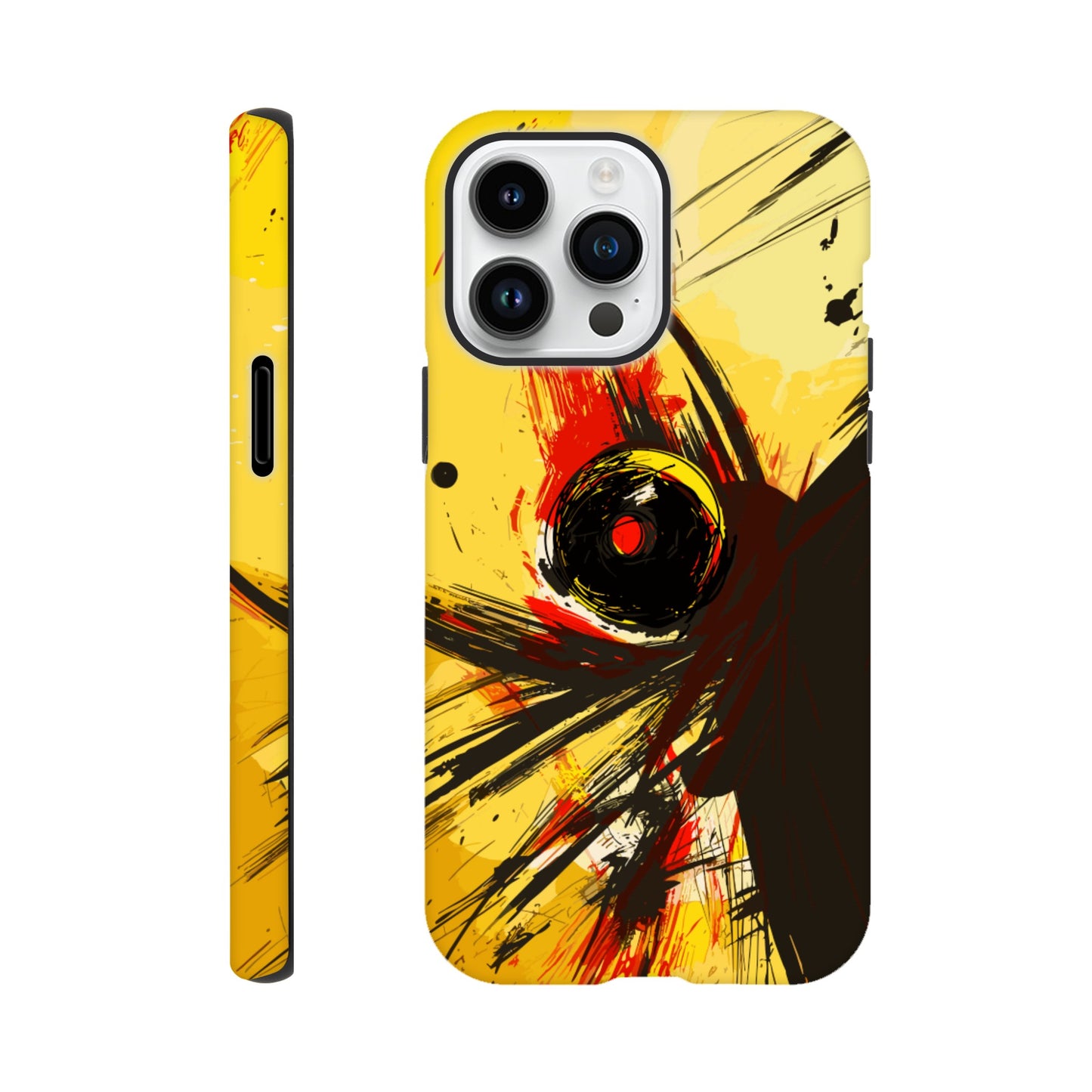 An Apple iPhone 14 Pro Max Phone Case with the following design on it : Abstract drawing of a humanoid insect hybrid figure,  red and black colors. In the style of comic brush strokes that creates a kind of frenetic energy with a light yellow background.