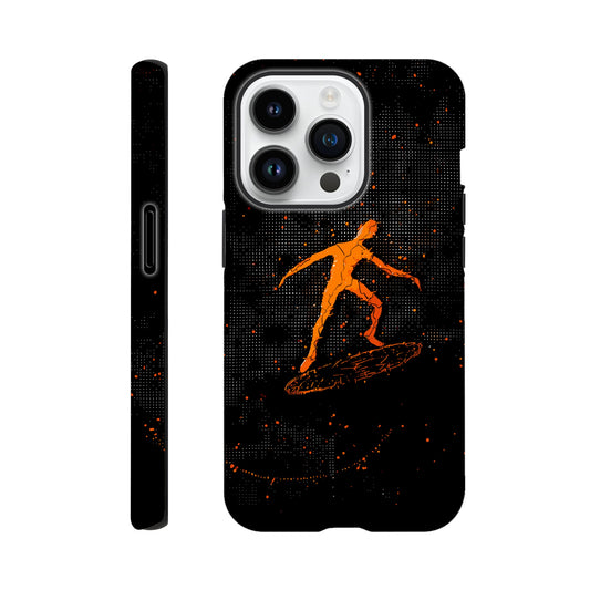 An Apple iPhone 14 Pro Phone Case with the following design on it : orange glowing silhouette of a male surfer against a black background, in the style of digital art, dark orange and light amber, pointillist dot paintings, high resolution, symmetrical grid-like patterns, minimalist figures, glitched edges