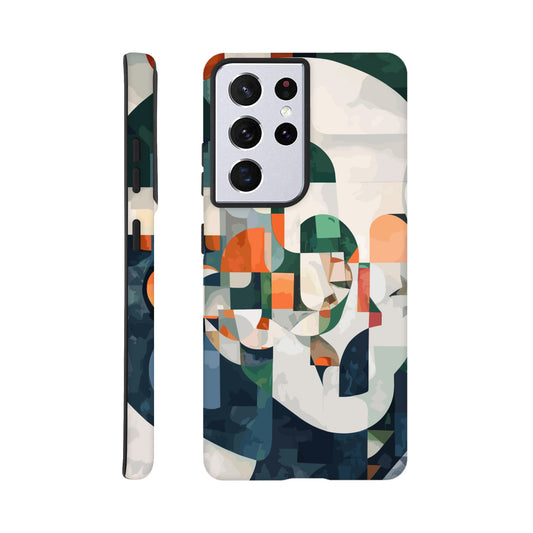 A Samsung Galaxy S21 Ultra Phone Case with the following design on it - A cubist-inspired portrait. The face is composed of geometric shapes and forms, with an abstract background that features soft gradients in shades of green, orange, blue, white, and grey. Abstract patterns surround the figure to create depth and movement against an emerald color palette.