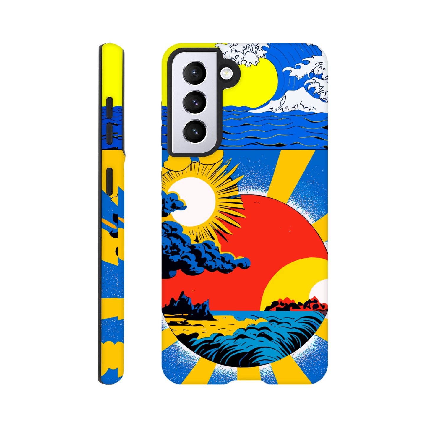 A Samsung Galaxy S21 Phone Case with the following design on it: sun and clouds, blue sky with yellow rays of light, sun setting in the background, in the style of a Japanese illustration, blue sea wave on top left corner, red circle below centered, blue storm clouds inside red dot, colorful poster print style