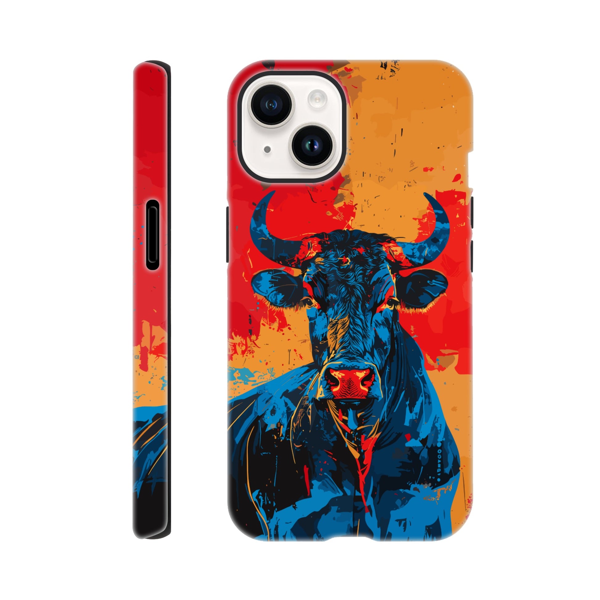 An Apple iPhone 14 Phone Case with the following design on it: Abstract blue bull on a red background in the style of urban graffiti, the Bull is the symbol for the astrological sign of Taurus, flat painting with brush strokes, strong color contrast in the style of urban street art, cool and confident expression of the blue ox with an eye-catching label and strong visual impact