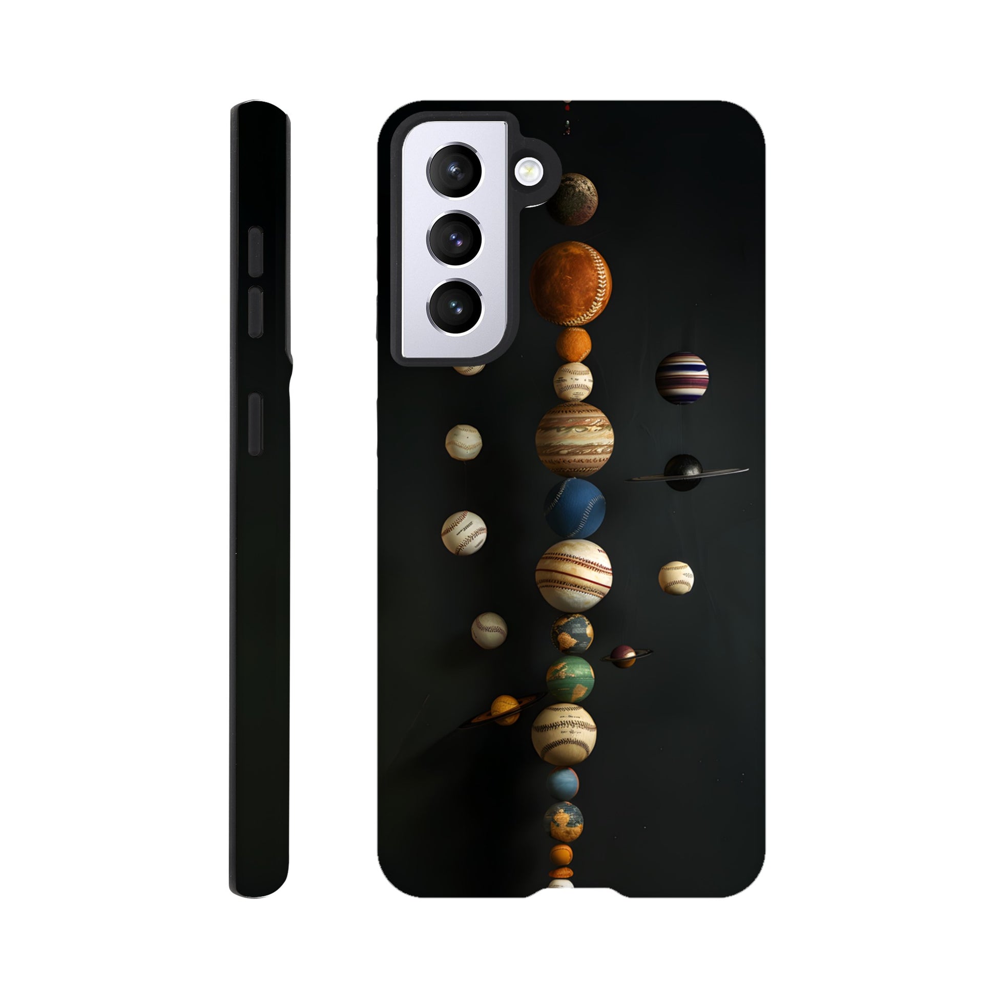 A Samsung Galaxy S21 phone case with a design depicting our solar system with baseballs in place of planets