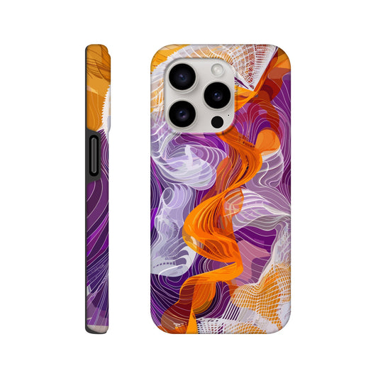 An Apple iPhone 15 Pro Phone Case with the following design on it - A modern digital art piece of an abstract representation of waves and swirls, with orange and purple hues, composed from flowing lines in a white mesh pattern, creating the illusion that they flow like ribbons or threads. The background is a gradient of these colors, adding depth to the composition. This artwork symbolizes movement, fluidity, and dynamic energy through its intricate design.