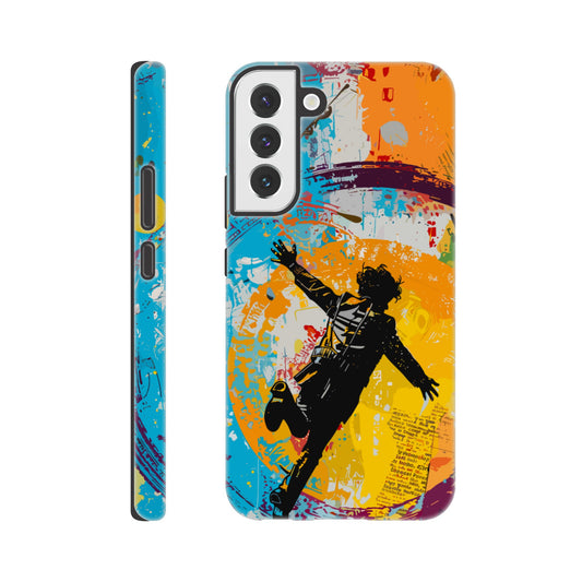 A Samsung Galaxy S22 Plus Phone Case with the following design on it -A graffiti style painting of the back of a human male in a suit falling in mid-air, with bold colors. The background is filled with vibrant splashes of color and newspaper texture in the style of American pop art