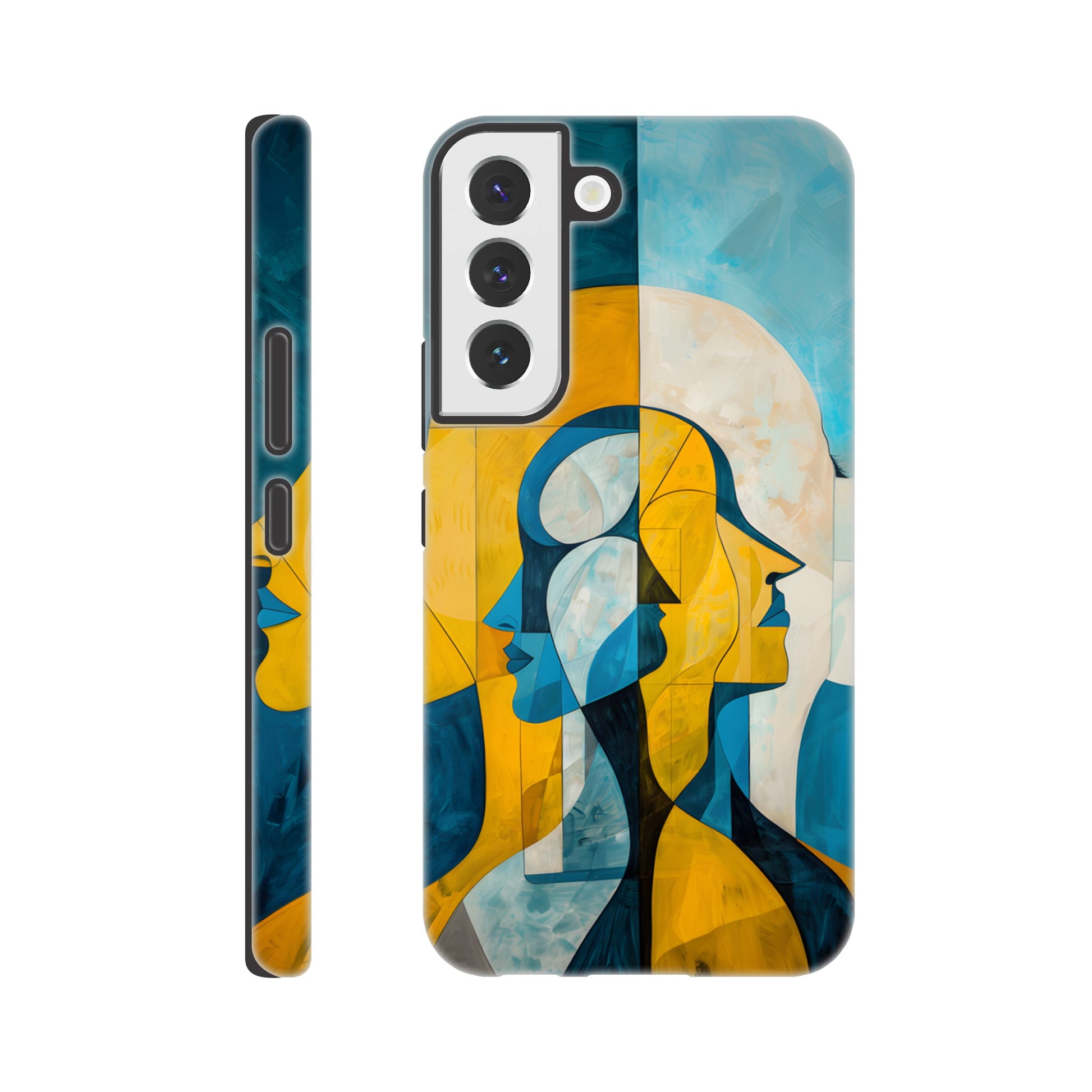 A Samsung Galaxy S22 Phone Case with the following design on it - the Gemini Astrological sign depicting twins facing away from one another, the twins are of no specific sexual or ethnic orientation, yellow, baby blue, white, cubism,