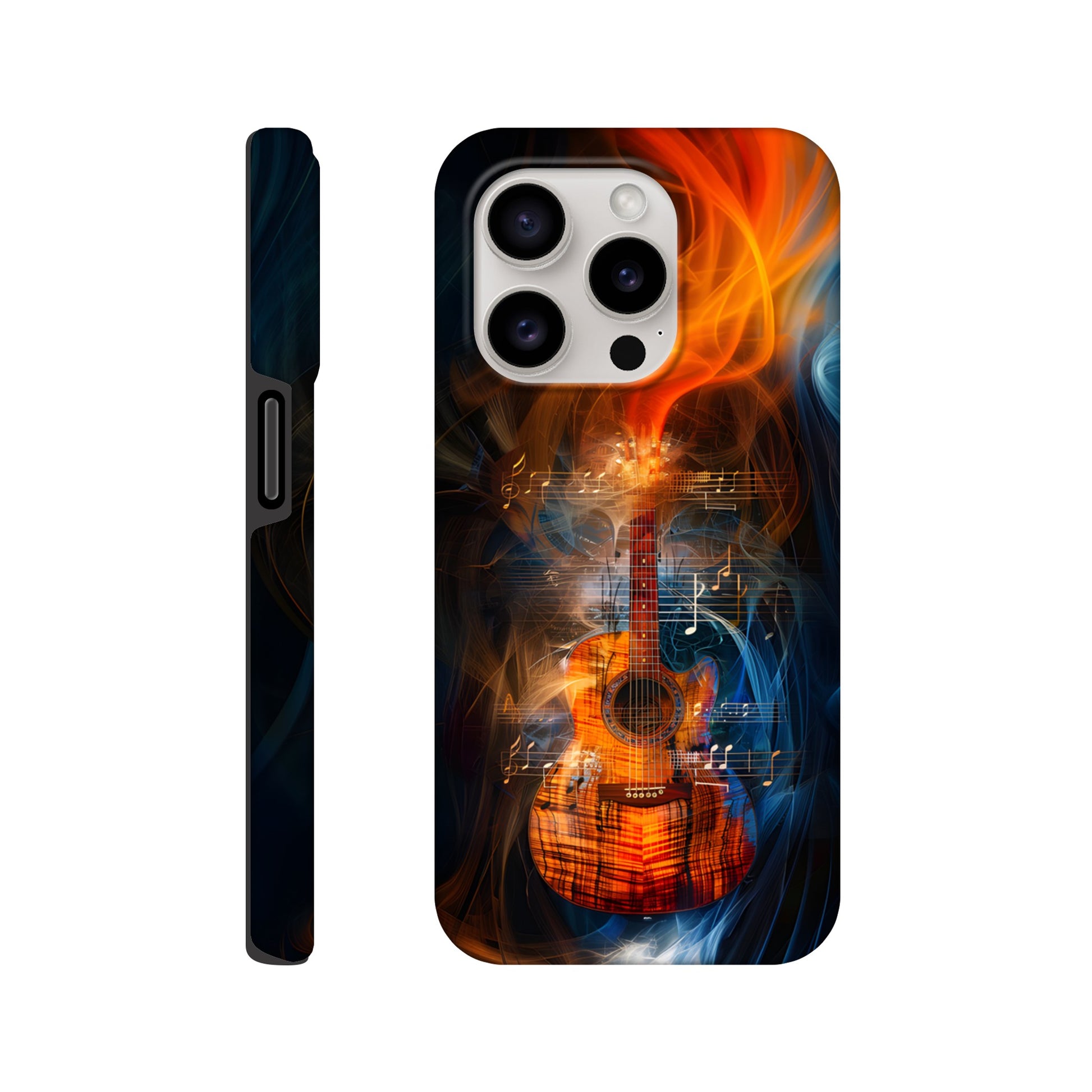 An Apple iPhone 15 Pro Phone Case with the following design on it: A Koa Guitar with musical notes swirling around it, blue and red smoke swirling around both the Guitar and notes, in the style of a digital art, dark blue background, orange glow on guitar, symmetrical composition, high resolution, hyper realistic, high contrast, vibrant colors, detailed textures of wood and strings