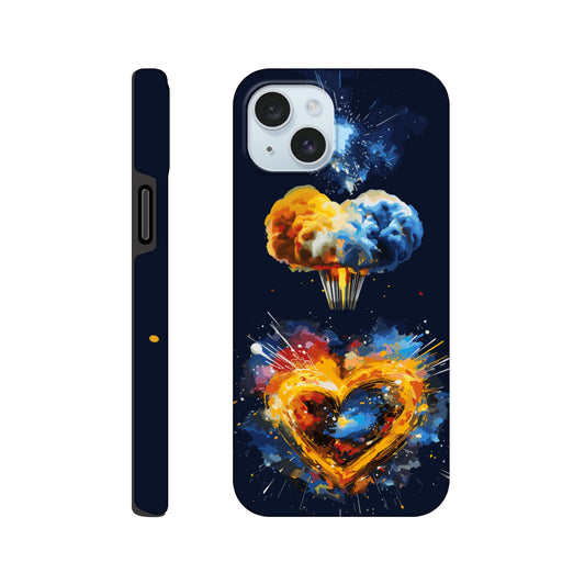 An Apple iPhone 15 Plus Phone Case with the following design on it - heart shaped milky way galaxy with a nuclear mushroom cloud emanating from the heart, pop art, royal blue, yellow, white, silver, black, orange