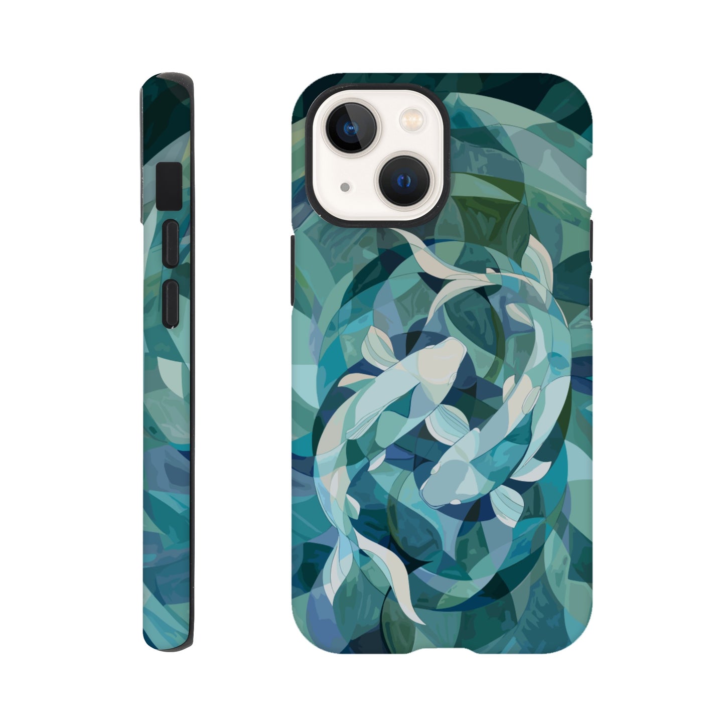 An Apple iPhone 13 Mini Phone Case with the following design on it : A representation of the Pisces zodiac sign depicted as follows - A geometric abstract painting of fish swimming in circles, using shades and shapes to create the illusion that they form an endless circle. The color palette is soft with pastel blues and greens, giving it a calming effect. This artwork symbolizes motion, energy flow, chaos theory, infinite reflection, balance between movement and stillness