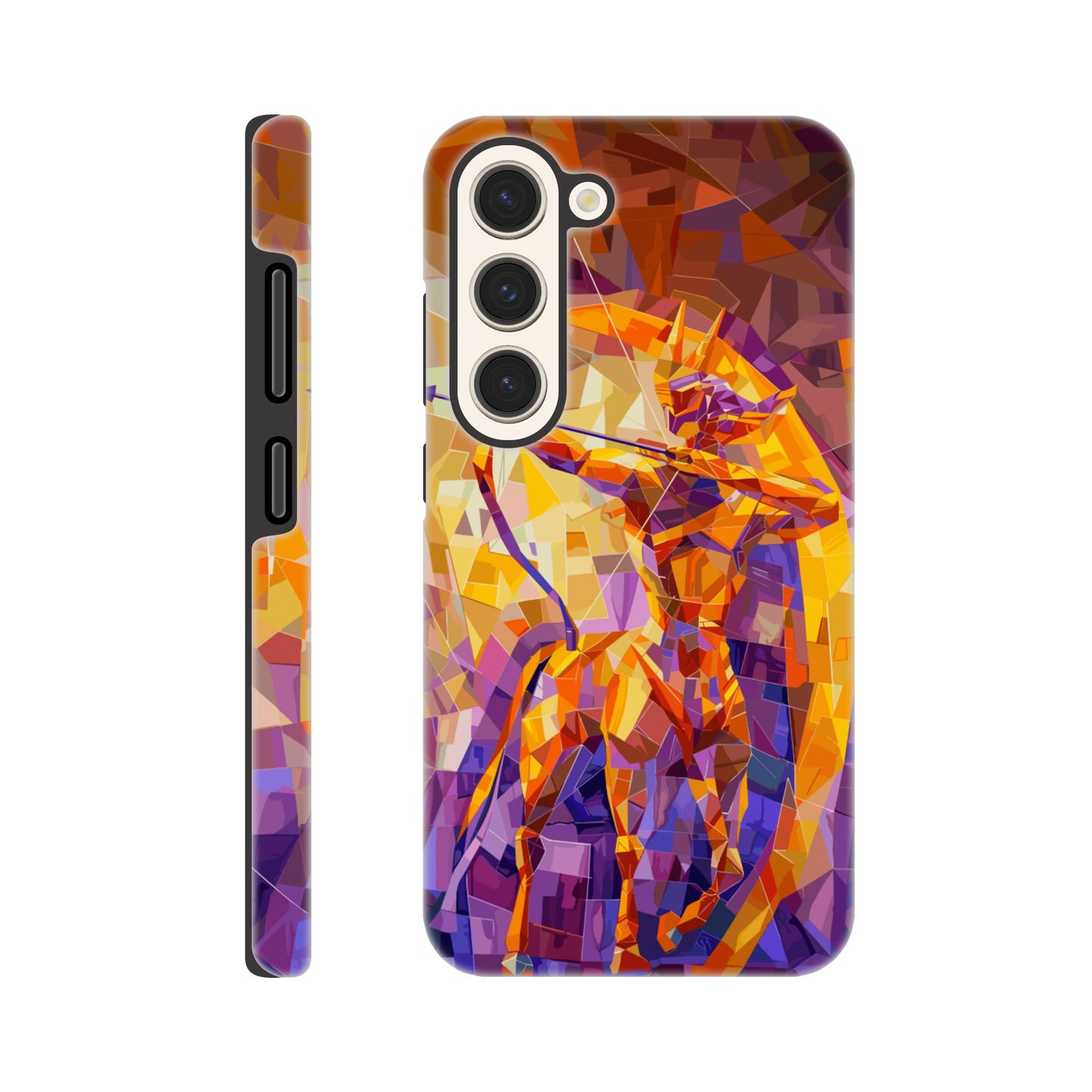 A Samsung Galaxy S23 Phone Case with the following design on it: A centaur- the half man half horse archer and symbol of the astrological sign Sagittarius, the character is imagined through an artist who is adept at the artistic style of cubism, orange, purple, yellow