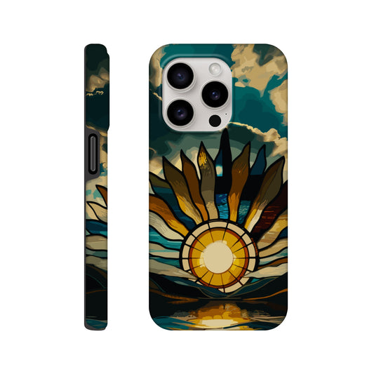 An iPhone 15 Pro Phone Case with the following design on it: A giant stained glass sun, with rays of light reflecting on the water below, in a cinematic, epic, fantasy art style