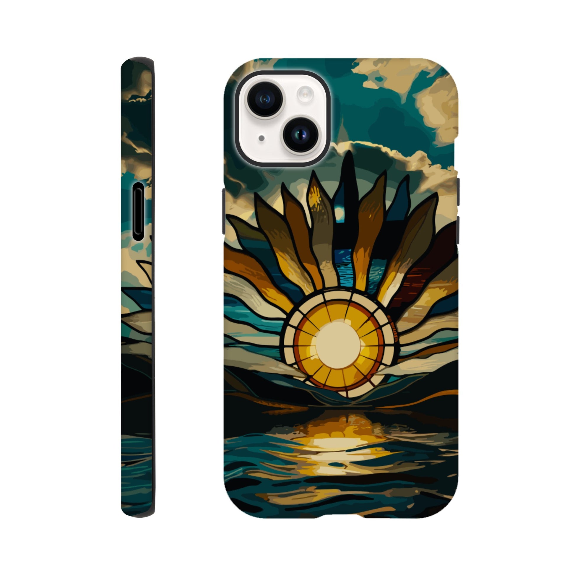 An iPhone 14 Plus Phone Case with the following design on it: A giant stained glass sun, with rays of light reflecting on the water below, in a cinematic, epic, fantasy art style