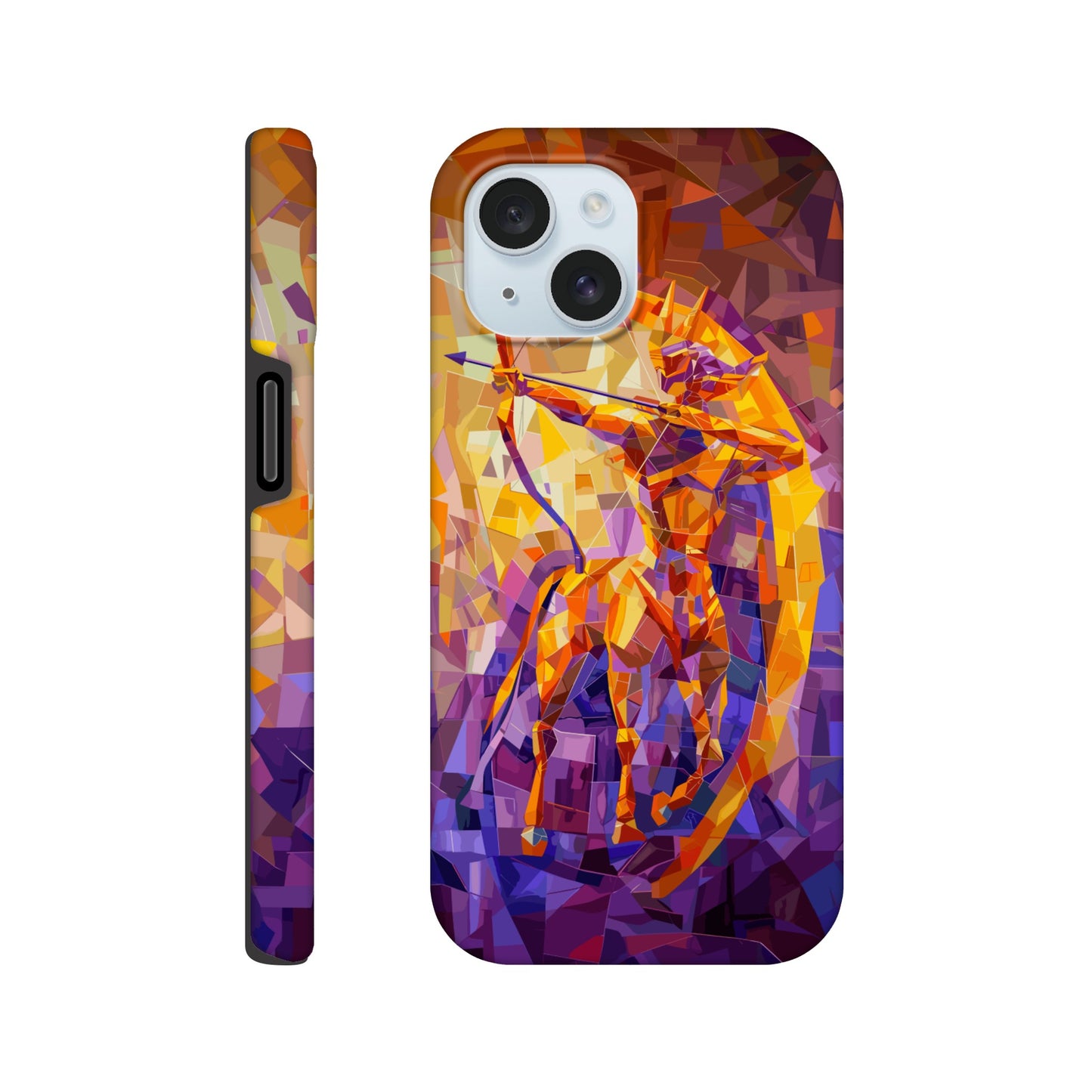 An Apple iPhone 15 Phone Case with the following design on it: A centaur- the half man half horse archer and symbol of the astrological sign Sagittarius, the character is imagined through an artist who is adept at the artistic style of cubism, orange, purple, yellow