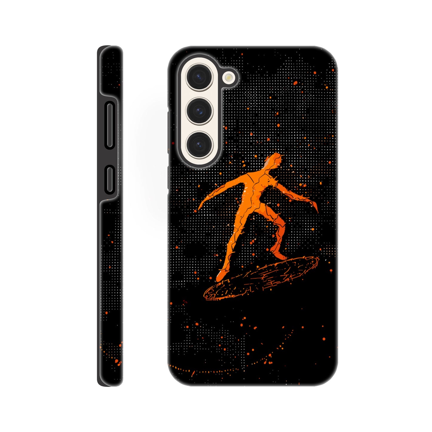 A Samsung Galaxy S23 Plus Phone Case with the following design on it : orange glowing silhouette of a male surfer against a black background, in the style of digital art, dark orange and light amber, pointillist dot paintings, high resolution, symmetrical grid-like patterns, minimalist figures, glitched edges