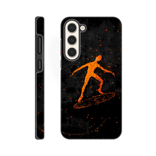 A Samsung Galaxy S23 Plus Phone Case with the following design on it : orange glowing silhouette of a male surfer against a black background, in the style of digital art, dark orange and light amber, pointillist dot paintings, high resolution, symmetrical grid-like patterns, minimalist figures, glitched edges