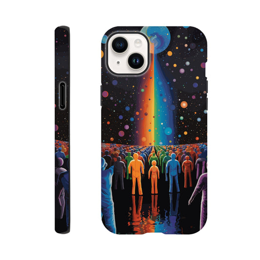 An Apple iPhone 14 Plus Phone Case with the following design on it : A cartoonish image of a colorful crowd of people on the surface of an alien planet, with rainbows and stars in the background. The design incorporates different colors to create a visually appealing composition. The lighting creates a sense of depth and dimension. The overall effect conveys wonderment and excitement as if looking out into space