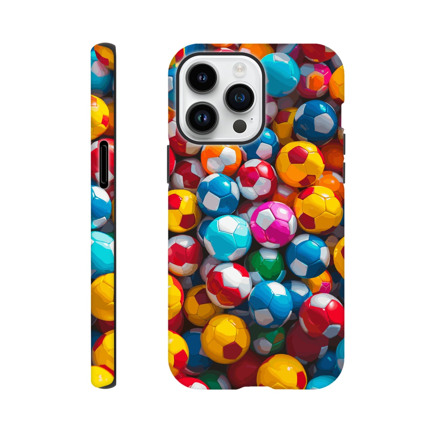 An iPhone 14 Pro Max Phone Case with the following design on it: A Kids ball pit made up of soccer balls, the soccer balls are of a variety of colors, fun and bright, pop art