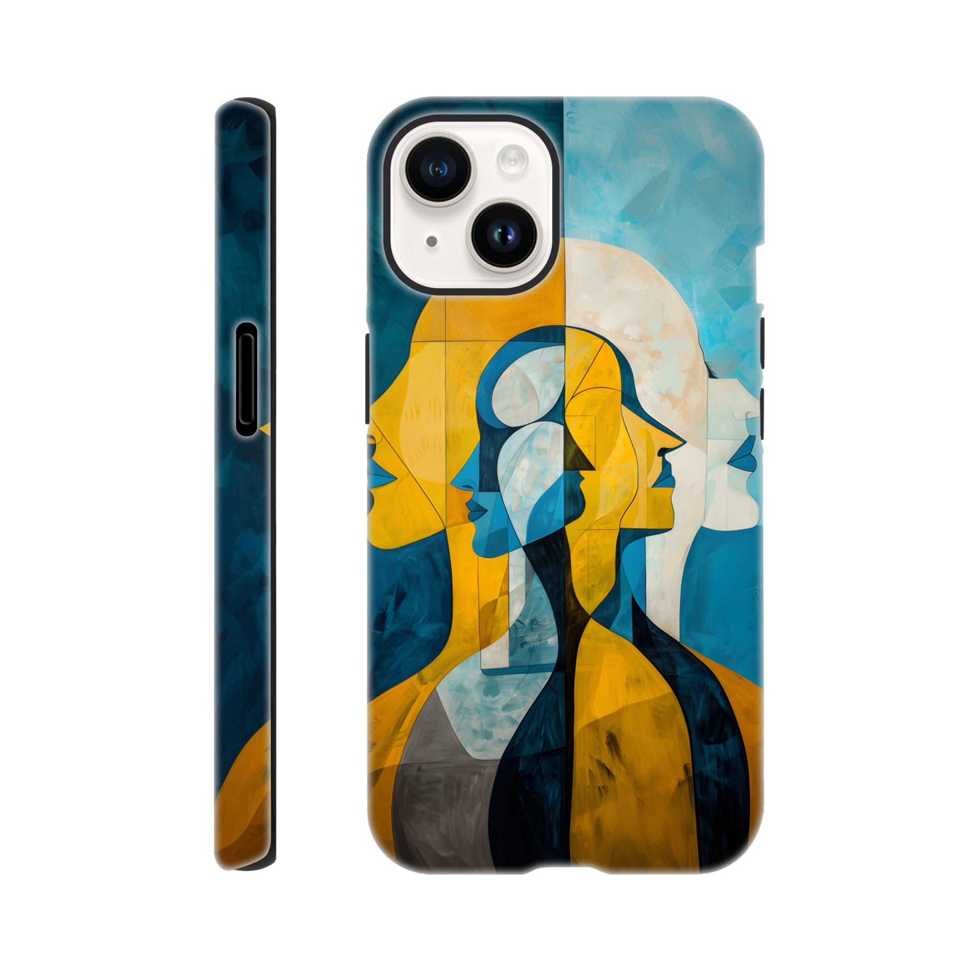 An Apple iPhone 14 Phone Case with the following design on it - the Gemini Astrological sign depicting twins facing away from one another, the twins are of no specific sexual or ethnic orientation, yellow, baby blue, white, cubism