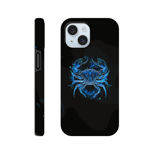 An Apple iPhone 15 Phone Case with the following design - A simple white line drawing of the symbol for Cancer-a Crab, with blue outlines on black background. The design is minimalistic and elegant, focusing only on basic shapes to represent the zodiac sign's symbolism in astrology. It has an art deco style that highlights its curves and swirls, creating a sense of motion or energy within each curve.