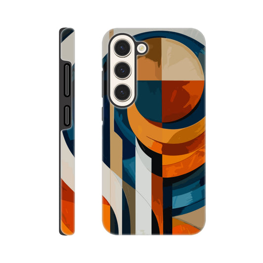 A Samsung Galaxy S23 Phone Case with the following design on it: An abstract painting of an orange, blue and white circular design with lines in the style of cubism. The shapes create visual harmony by creating balance between soft curves and sharp angles. It uses flat color to give depth through gradients. There is an emphasis on the use of light and shadow. In some places there's an airbrush effect.