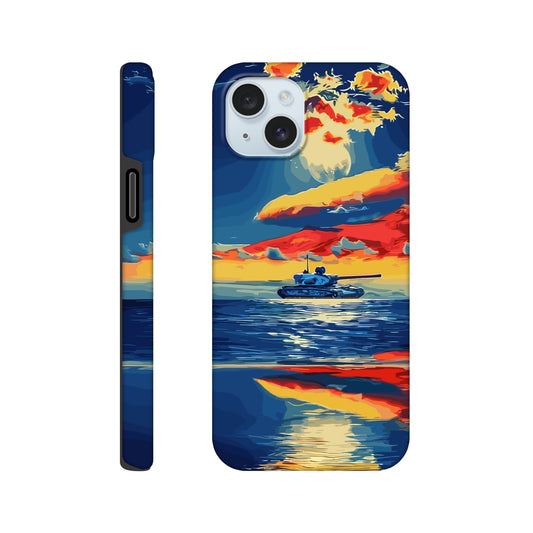 An Apple iPhone 15 Plus Phone Case with the following design on it : A tank is sailing on the sea, with colorful clouds in the sky and a sunset reflection on the water surface, the style of an oil painting. The main colors of red, blue, yellow and orange are presented in a flat illustration