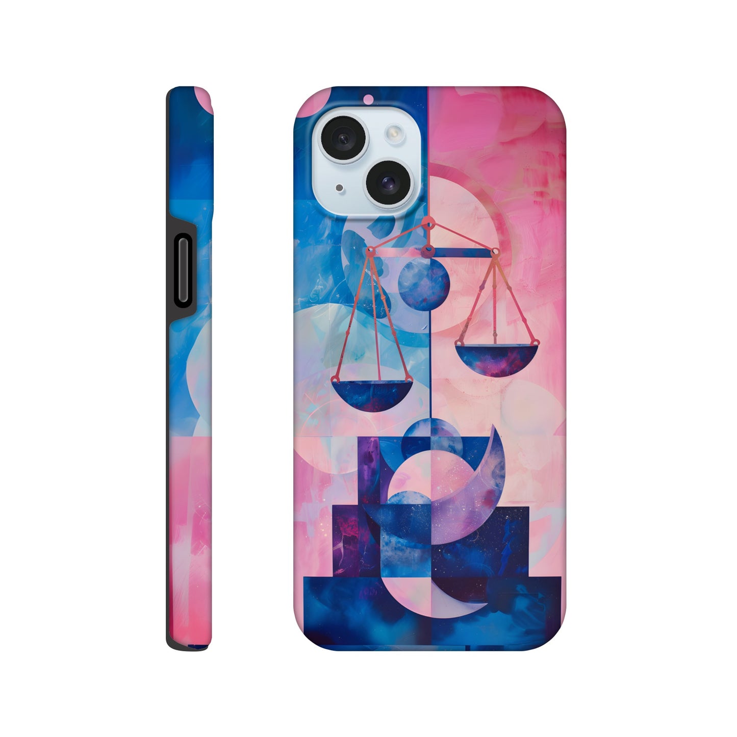 An Apple iPhone 15 Plus Phone Case with the following design on it : The Zodiac symbol for Libra, scales of justice theme, planet Venus in the background, Bauhaus style, royal blue, light pink