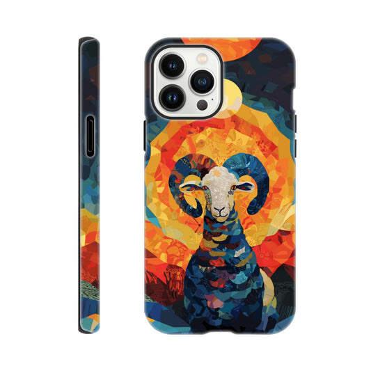 An Apple iPhone 13 Pro Max  Phone Case with the following design on it - A Ram is facing towards you. There is a large Sun above the Ram even though it appears to be nighttime and a small moon as well, the style is art nouveau with very vibrant primary colors.