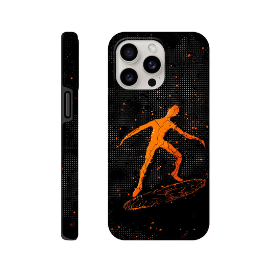 An Apple iPhone 15 Pro Max Phone Case with the following design on it : orange glowing silhouette of a male surfer against a black background, in the style of digital art, dark orange and light amber, pointillist dot paintings, high resolution, symmetrical grid-like patterns, minimalist figures, glitched edges