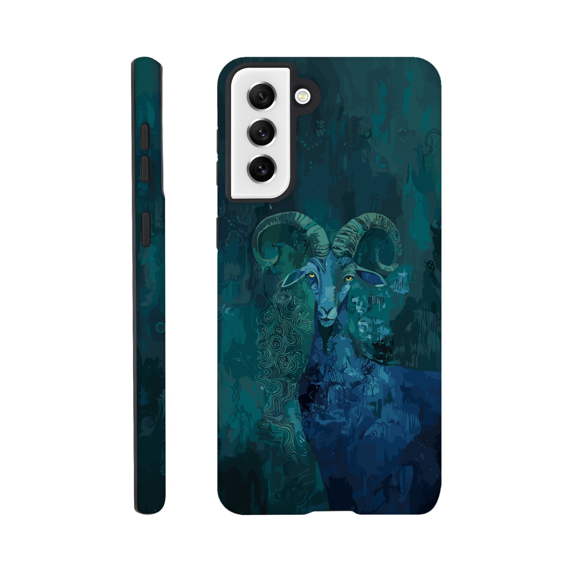 A Samsung Galaxy S21 Plus Phone Case with the following design on it - a Sea Goat, the symbol of the zodiac sign for capricorn, fabric painting, dark green, indigo