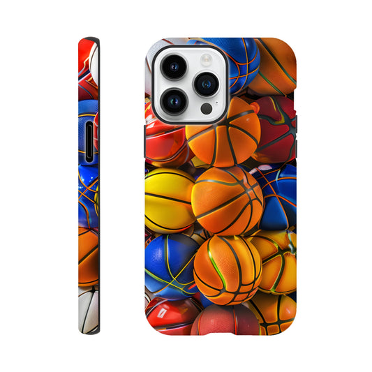 An Apple iPhone 14 Pro Max Phone Case adorned with an image of a lot of basketballs, of a variety of primary colors, in the form of cube