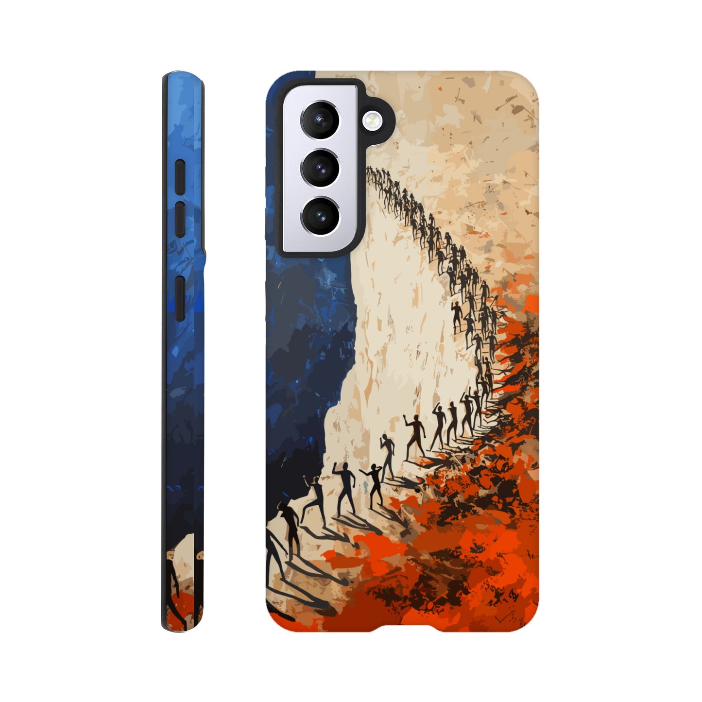 A Samsung Galaxy S21 Phone Case with the following design on it: a very large group of human forms all pointing in different directions as they are marching towards a cliff, royal blue, white, red, orange, style of fauvism