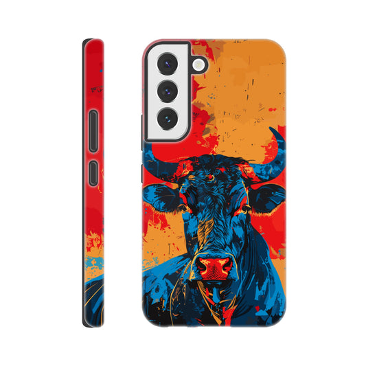 A Samsung Galaxy S22 Phone Case with the following design on it: Abstract blue bull on a red background in the style of urban graffiti, the Bull is the symbol for the astrological sign of Taurus, flat painting with brush strokes, strong color contrast in the style of urban street art, cool and confident expression of the blue ox with an eye-catching label and strong visual impact