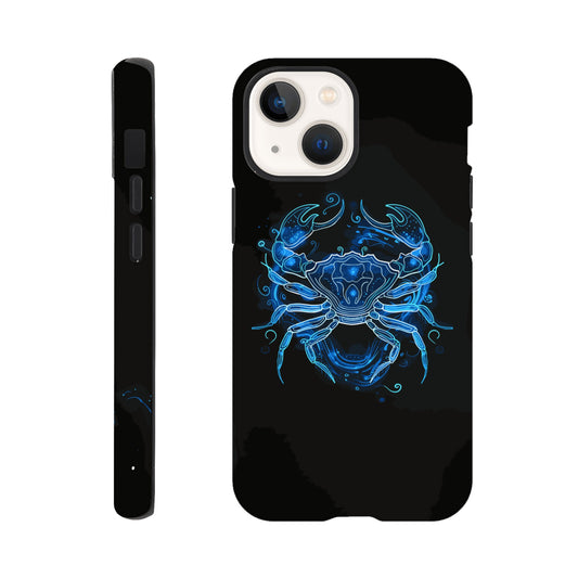 An Apple iPhone 13 Mini Phone Case with the following design - A simple white line drawing of the symbol for Cancer-a Crab, with blue outlines on black background. The design is minimalistic and elegant, focusing only on basic shapes to represent the zodiac sign's symbolism in astrology. It has an art deco style that highlights its curves and swirls, creating a sense of motion or energy within each curve.